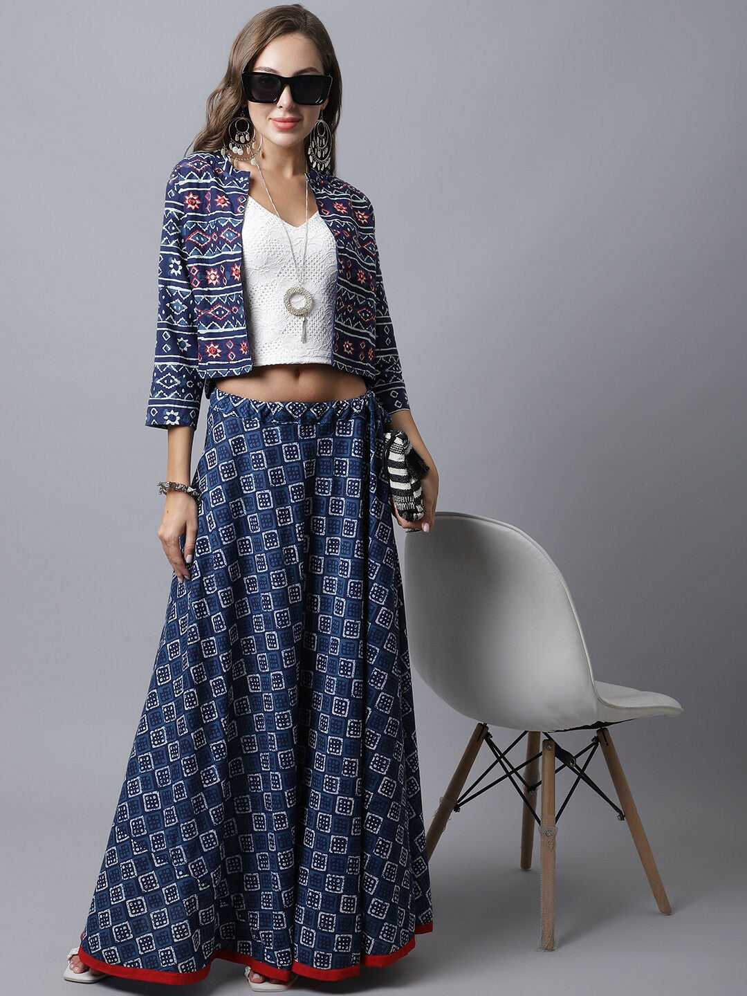 Navy Blue Bohemian Flared Skirt for Women | Vintage Boho Printed Cotton Skirt with Drawstring Closure