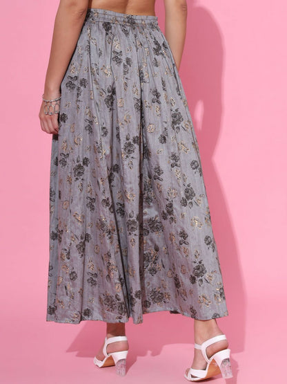 Vintage Bohemian Grey Printed Maxi Skirt for Women | Flared Boho Style with Floral Print