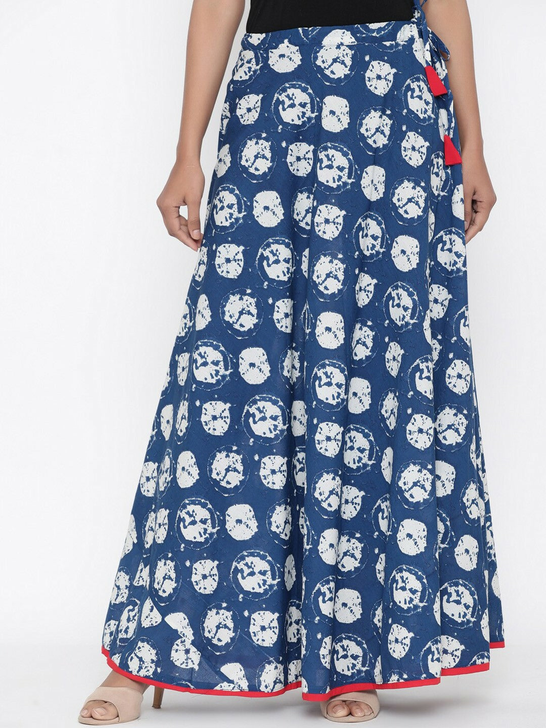 Vintage Bohemian Blue & White Printed Maxi Wrap Skirt for Women | Boho Style with Flared Hem