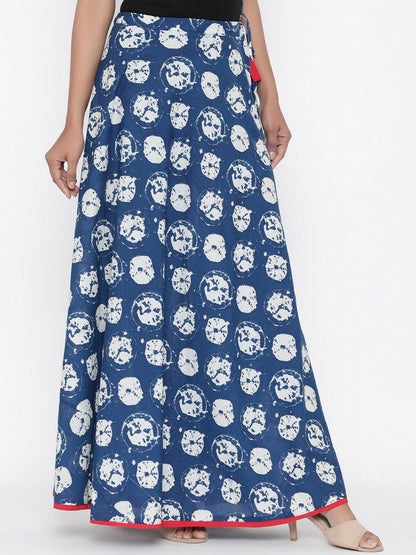 Vintage Bohemian Blue & White Printed Maxi Wrap Skirt for Women | Boho Style with Flared Hem