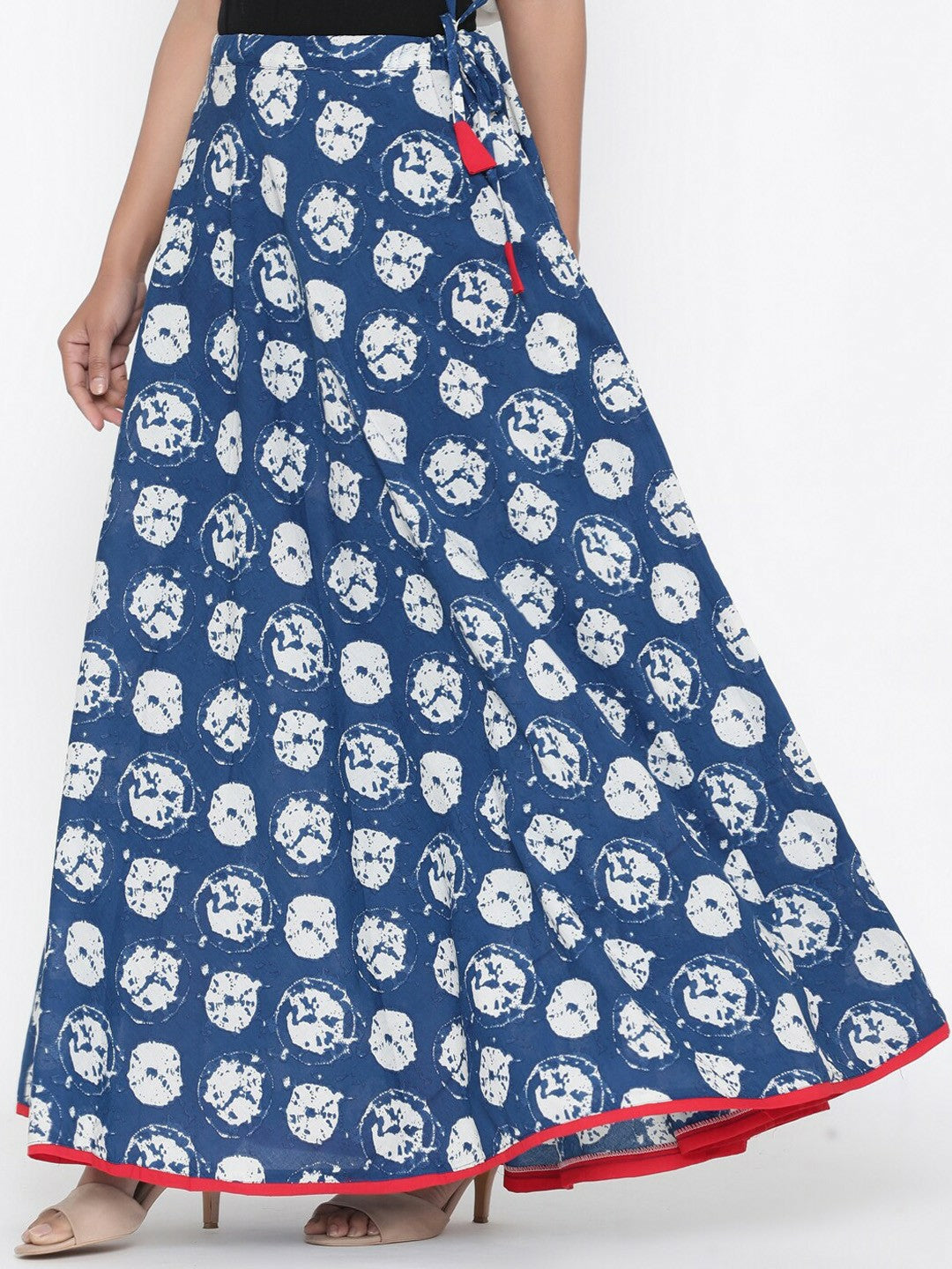 Vintage Bohemian Blue & White Printed Maxi Wrap Skirt for Women | Boho Style with Flared Hem