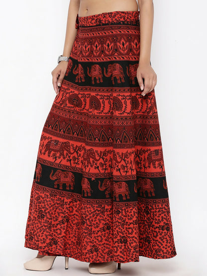 Vintage Bohemian Red & Black Printed Wrap Maxi Skirt for Women | Boho Style with Flared Hem