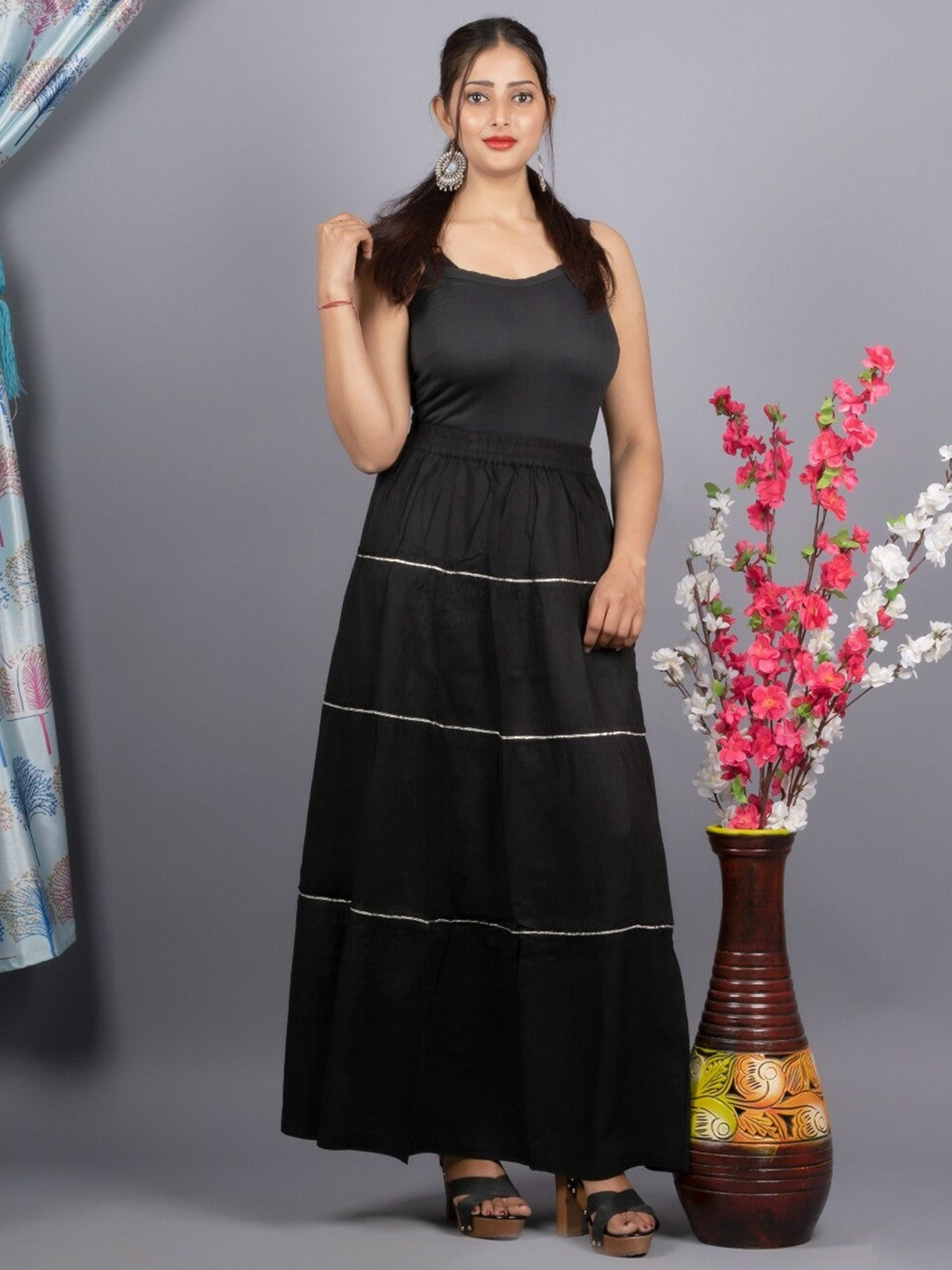 Black Flared Maxi Tulle Skirt for Women | Vintage-Inspired Skirt with Striped Detail