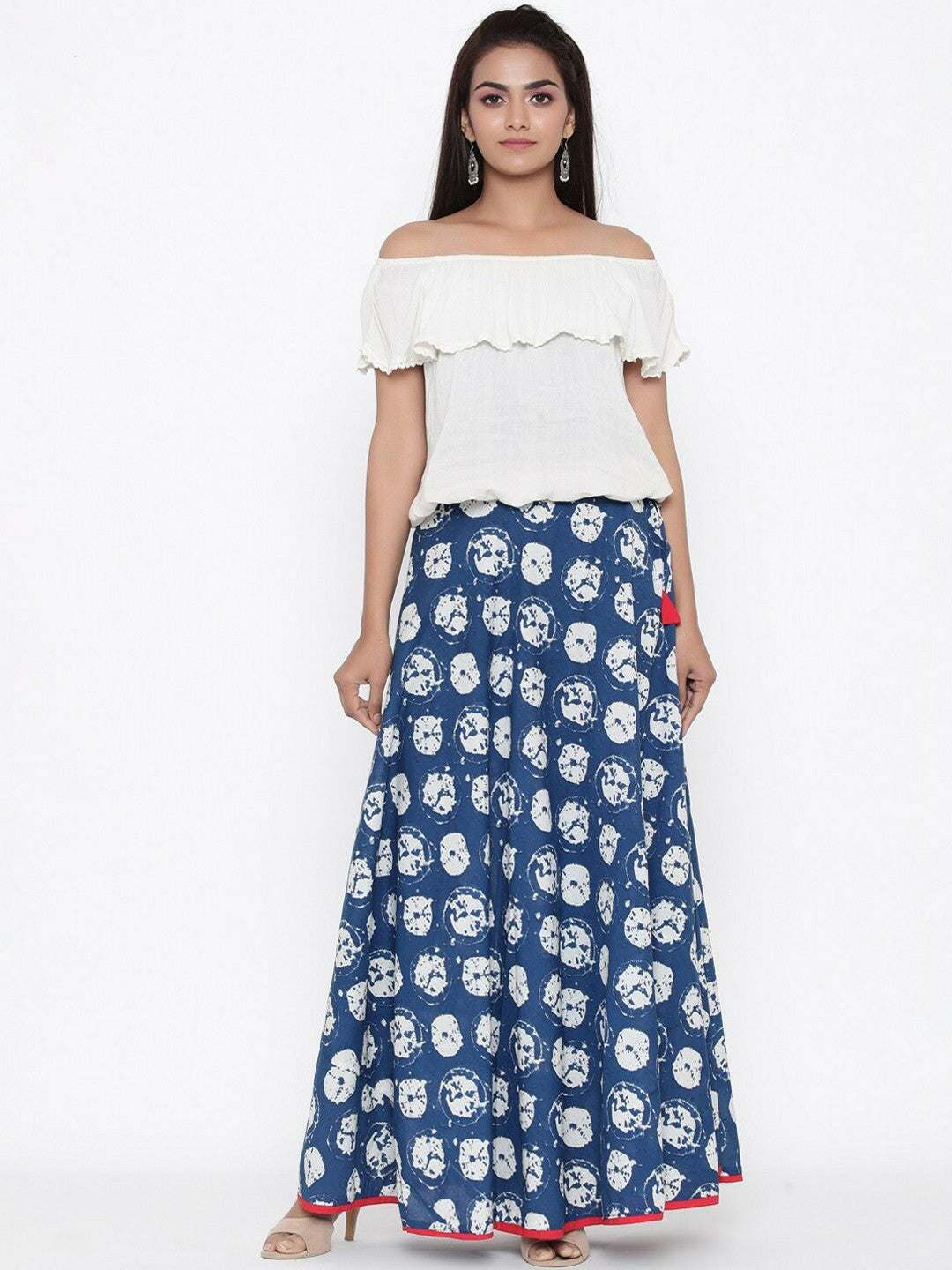 Vintage Bohemian Blue & White Printed Maxi Wrap Skirt for Women | Boho Style with Flared Hem