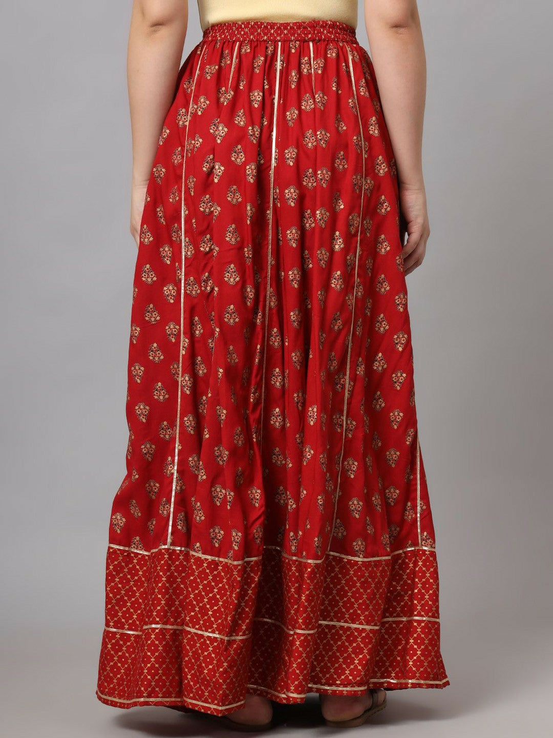 Vintage Bohemian Red & Gold Flared Maxi Skirt for Women | Boho Print with Elastic Waistband