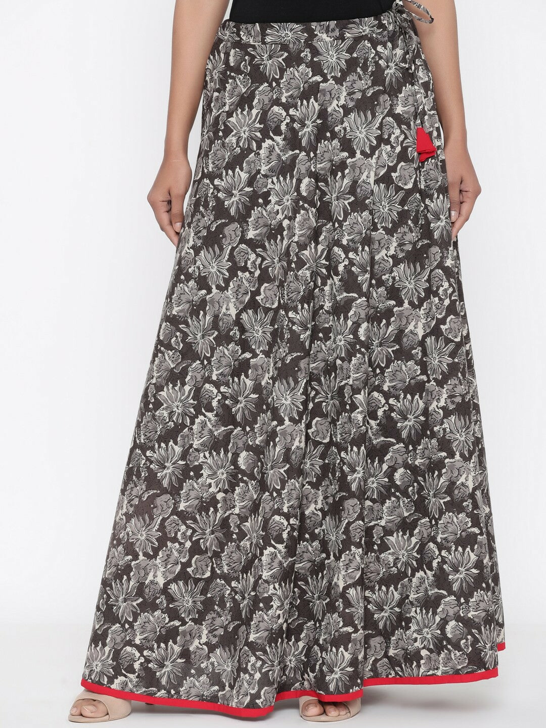 Vintage Bohemian Grey & White Indigo Printed Maxi Wrap Skirt for Women | Boho Style with Flared Hem