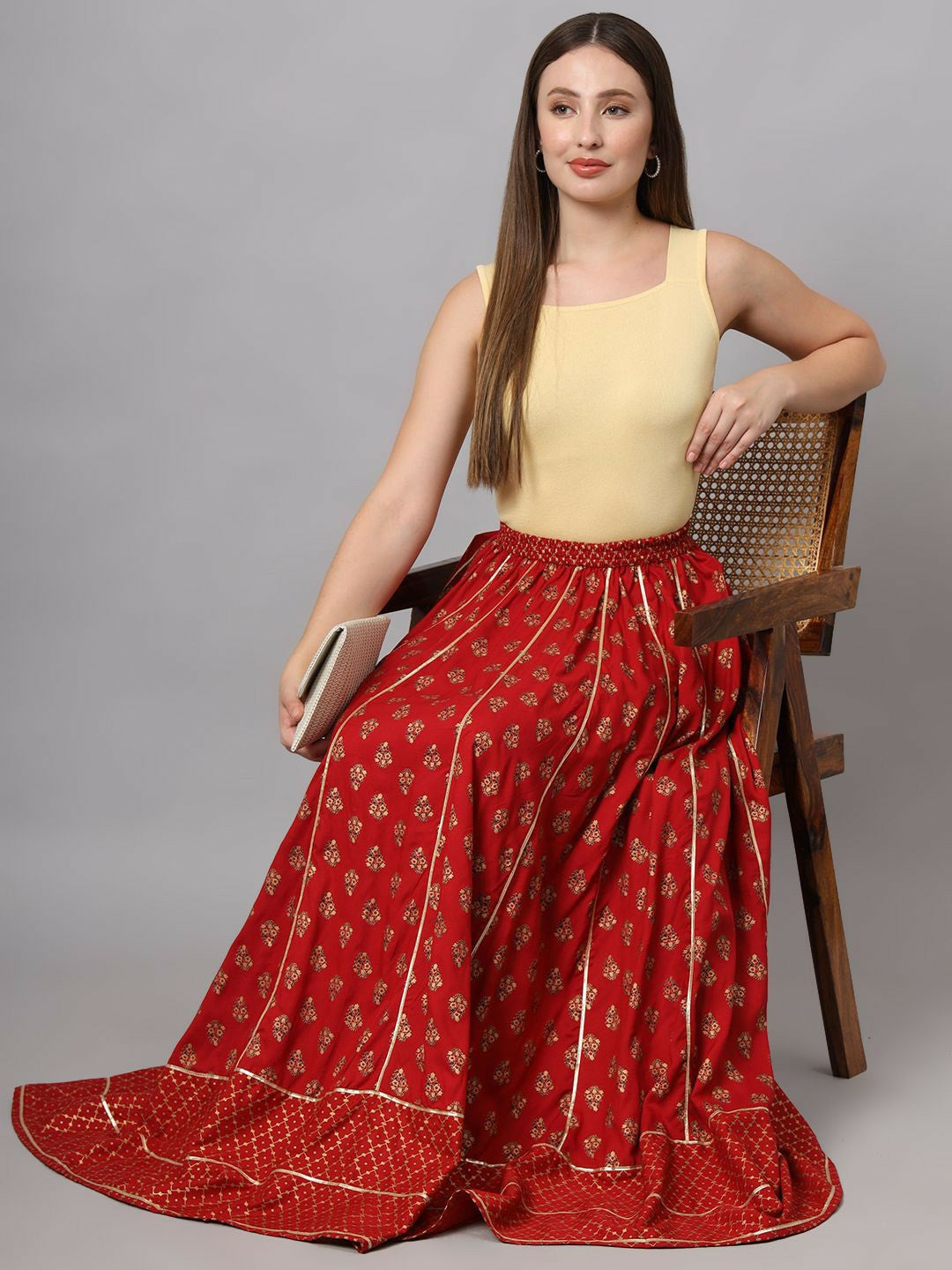 Vintage Bohemian Red & Gold Flared Maxi Skirt for Women | Boho Print with Elastic Waistband