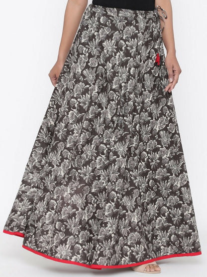 Vintage Bohemian Grey & White Indigo Printed Maxi Wrap Skirt for Women | Boho Style with Flared Hem