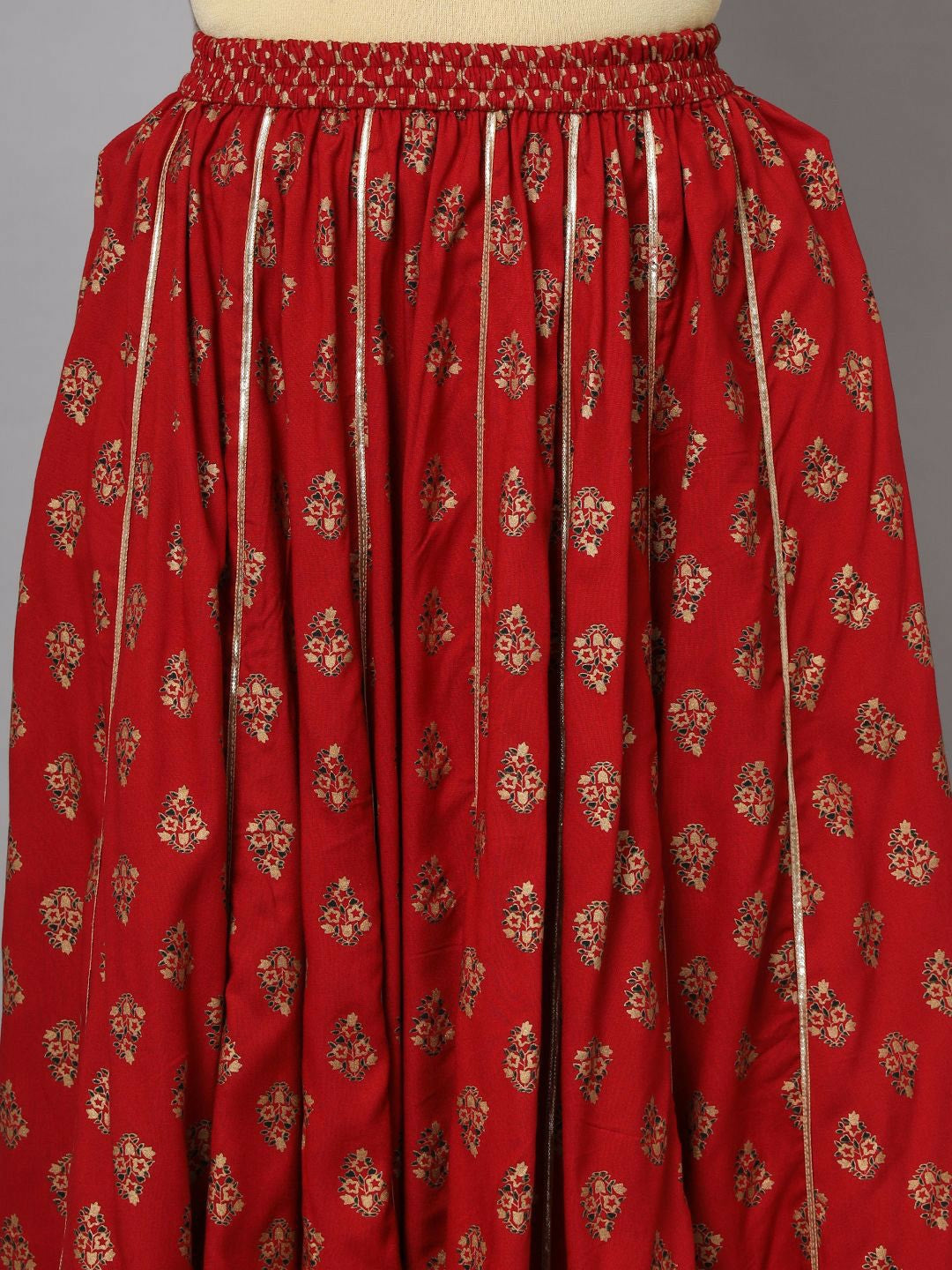 Vintage Bohemian Red & Gold Flared Maxi Skirt for Women | Boho Print with Elastic Waistband