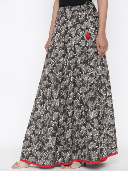 Vintage Bohemian Grey & White Indigo Printed Maxi Wrap Skirt for Women | Boho Style with Flared Hem