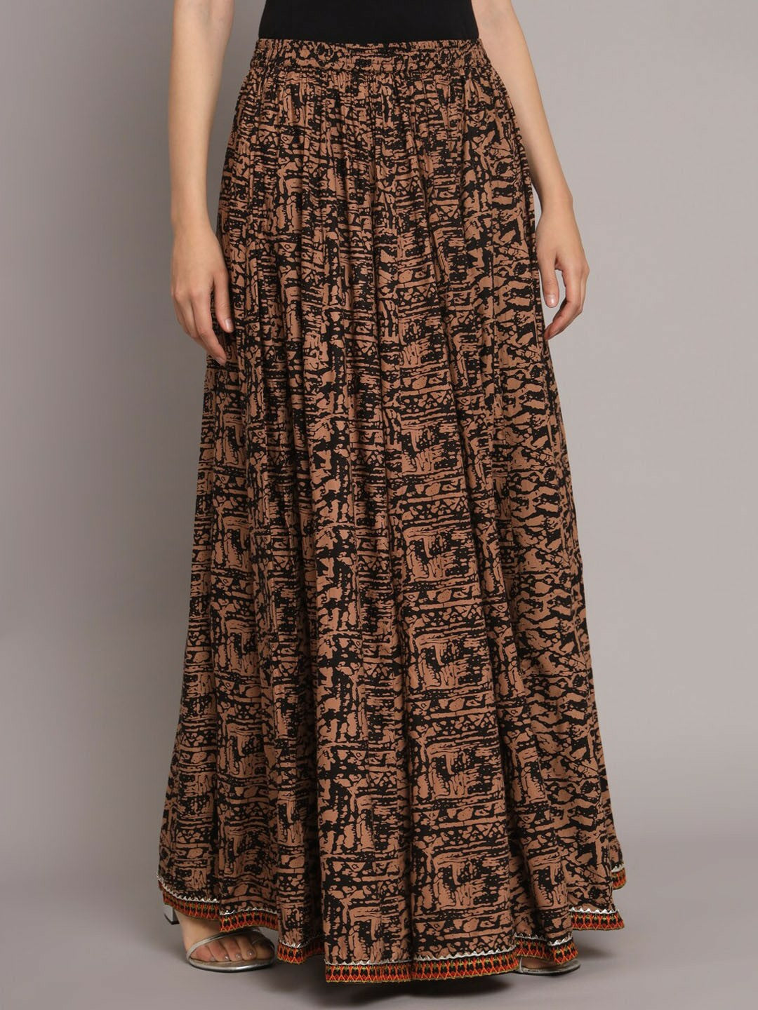 Vintage Bohemian Abstract Printed Maxi Skirt for Women | Flared Boho Style with Elastic Waistband