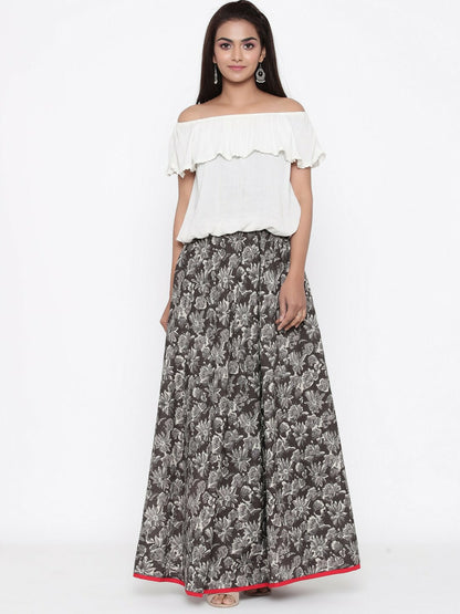 Vintage Bohemian Grey & White Indigo Printed Maxi Wrap Skirt for Women | Boho Style with Flared Hem