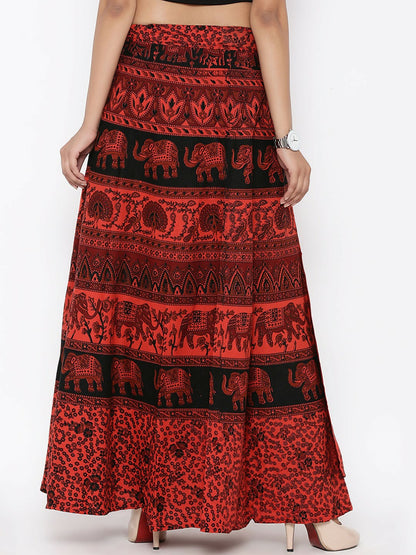 Vintage Bohemian Red & Black Printed Wrap Maxi Skirt for Women | Boho Style with Flared Hem