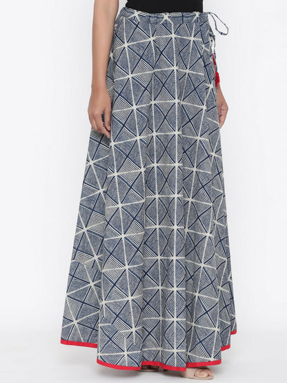 Vintage Bohemian Geometric Print Cotton Maxi Skirt for Women | Flared Boho Style with Tassel Detail