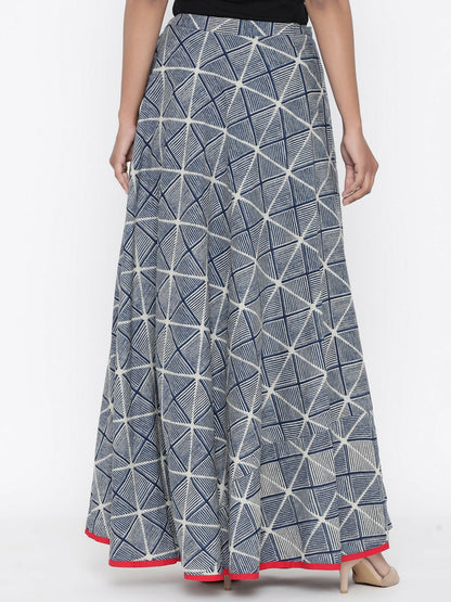 Vintage Bohemian Geometric Print Cotton Maxi Skirt for Women | Flared Boho Style with Tassel Detail