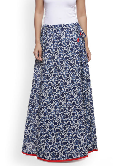 Blue Floral Print Boho Maxi Skirt for Women | Vintage-Inspired Flared Cotton Skirt with Tie-Up Waistband