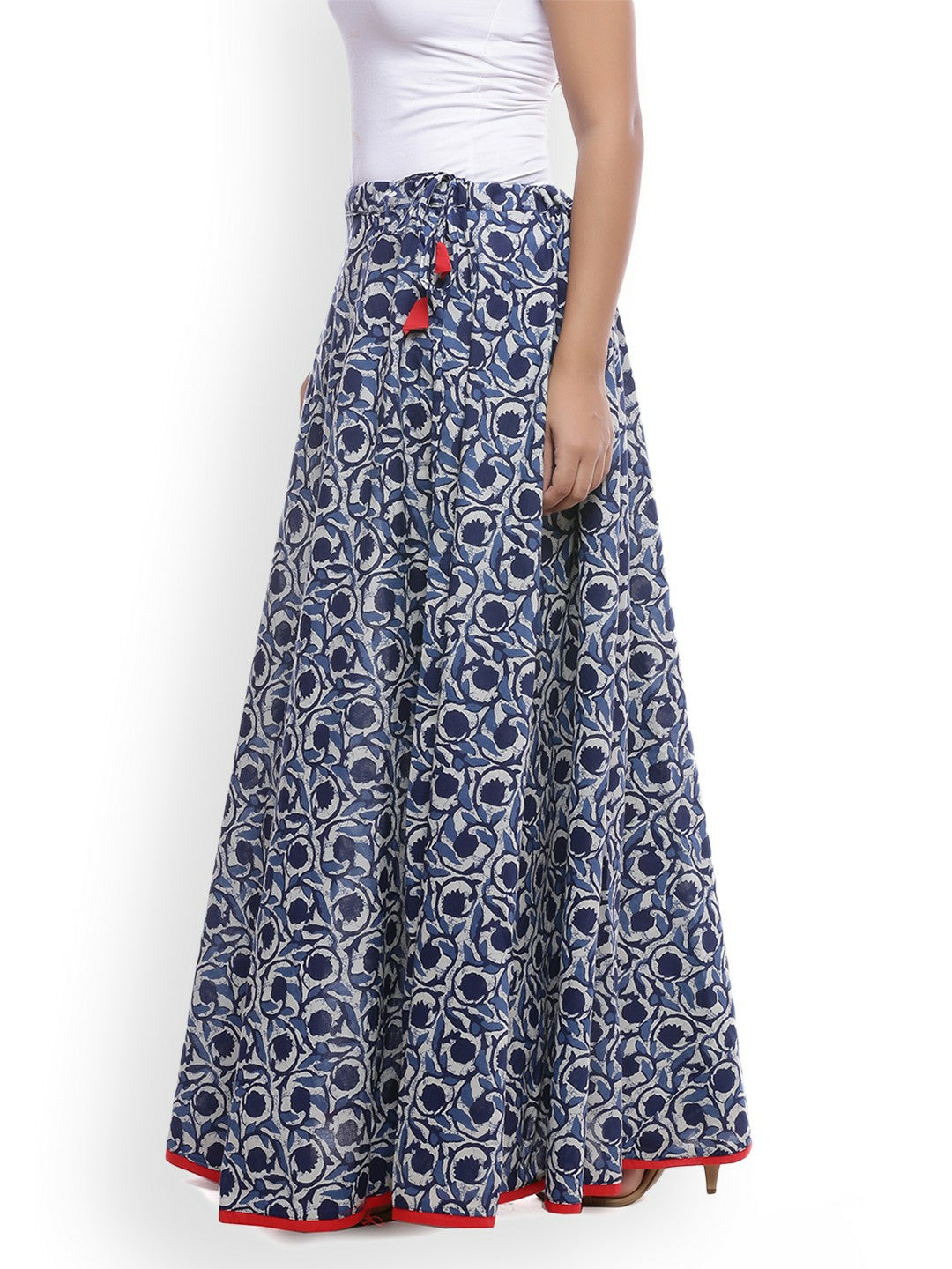 Blue Floral Print Boho Maxi Skirt for Women | Vintage-Inspired Flared Cotton Skirt with Tie-Up Waistband