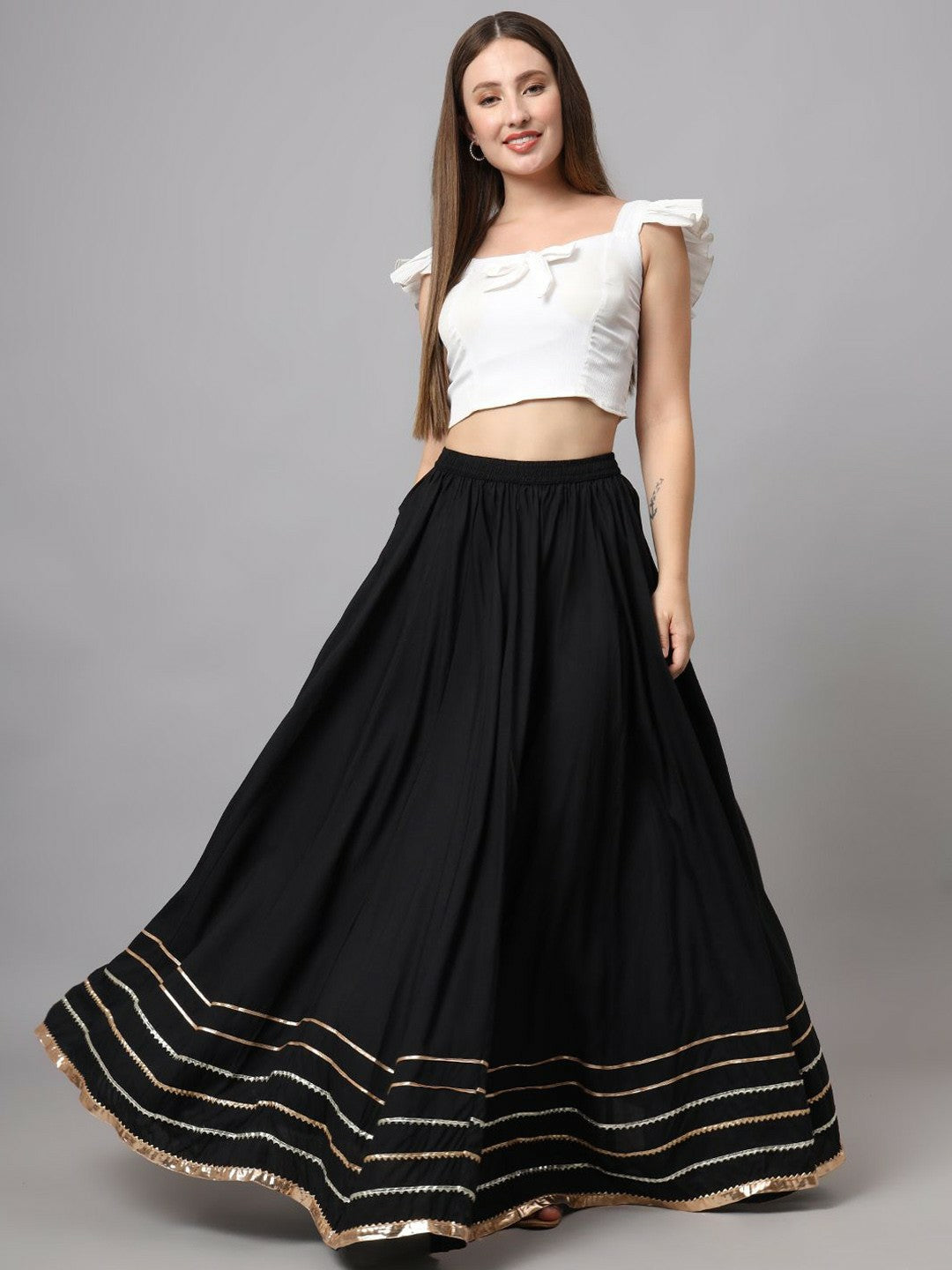 Vintage Boho Black Maxi Skirt for Women | Flared Bohemian Style with Elastic Waistband