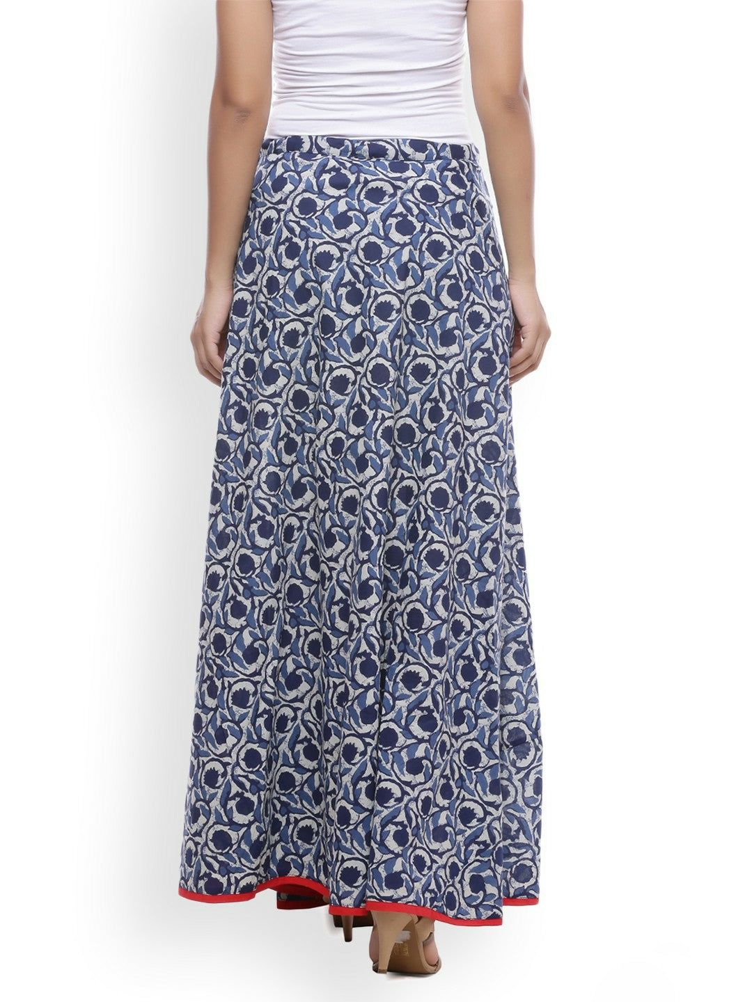 Blue Floral Print Boho Maxi Skirt for Women | Vintage-Inspired Flared Cotton Skirt with Tie-Up Waistband