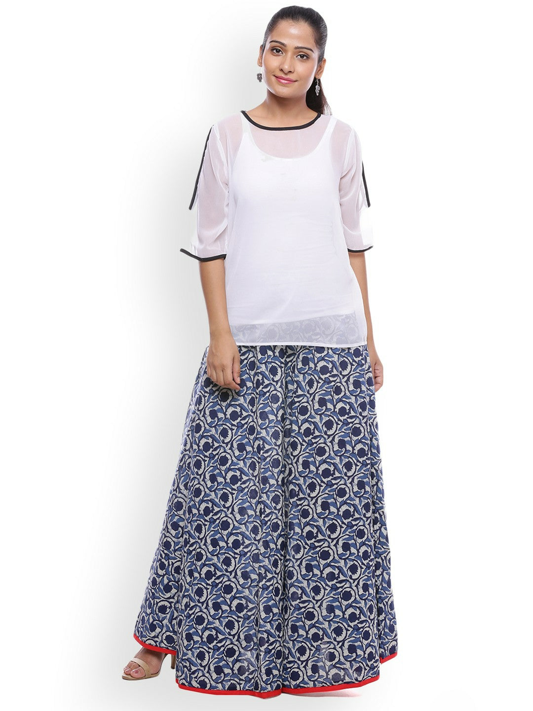 Blue Floral Print Boho Maxi Skirt for Women | Vintage-Inspired Flared Cotton Skirt with Tie-Up Waistband