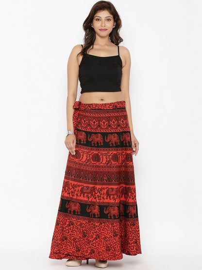 Vintage Bohemian Red & Black Printed Wrap Maxi Skirt for Women | Boho Style with Flared Hem