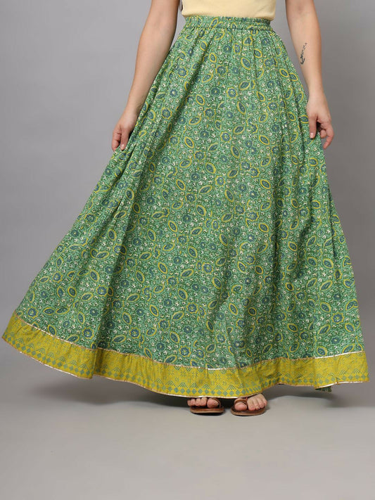 Boho Vintage Green Printed Flared Maxi Skirt for Women | Bohemian Style with Elasticated Waistband