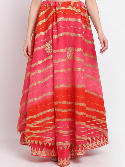 Pink & Red Bohemian Maxi Skirt for Women | Gota Patti Work Flared Skirt with Elastic Waistband