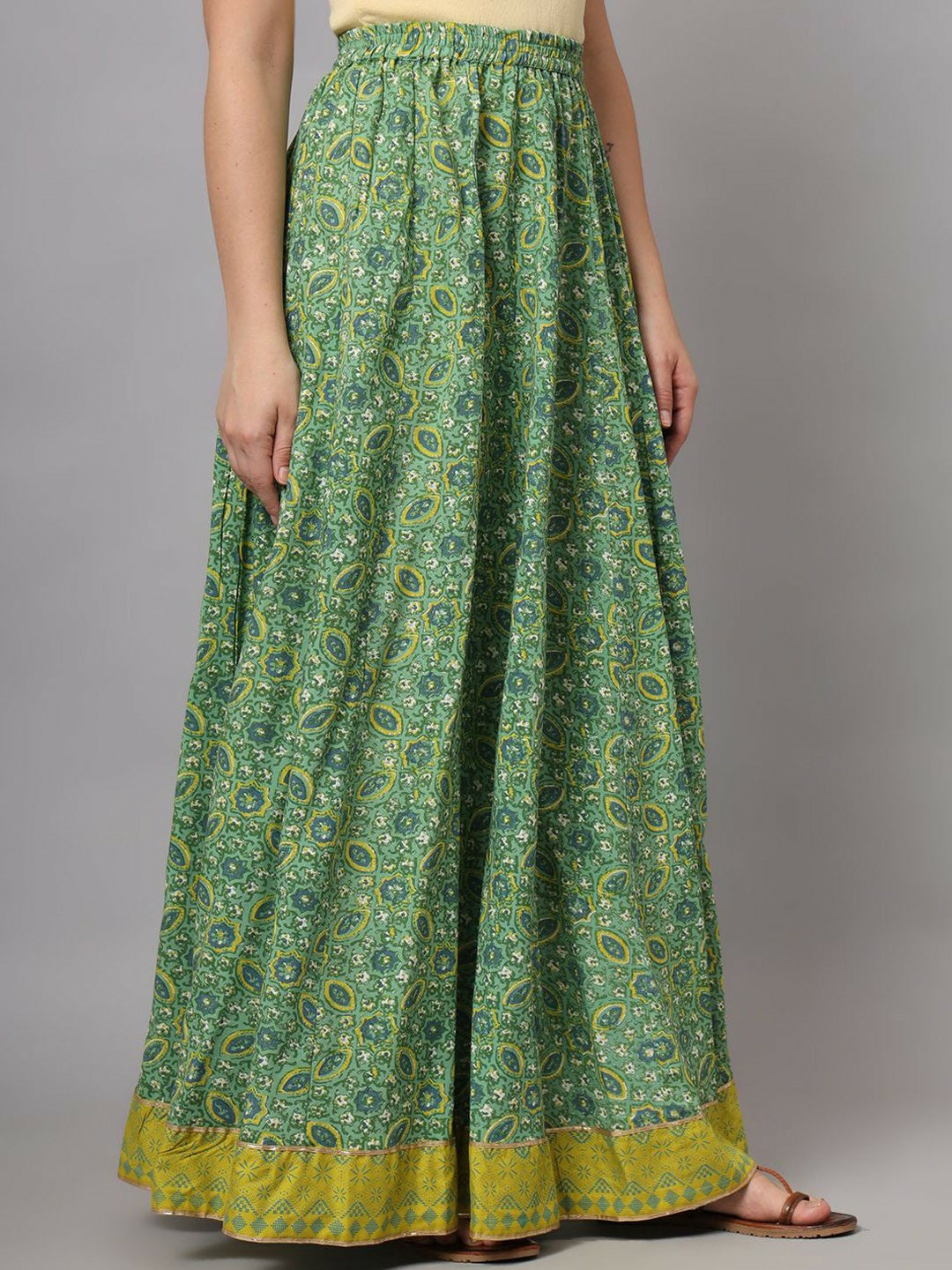 Boho Vintage Green Printed Flared Maxi Skirt for Women | Bohemian Style with Elasticated Waistband