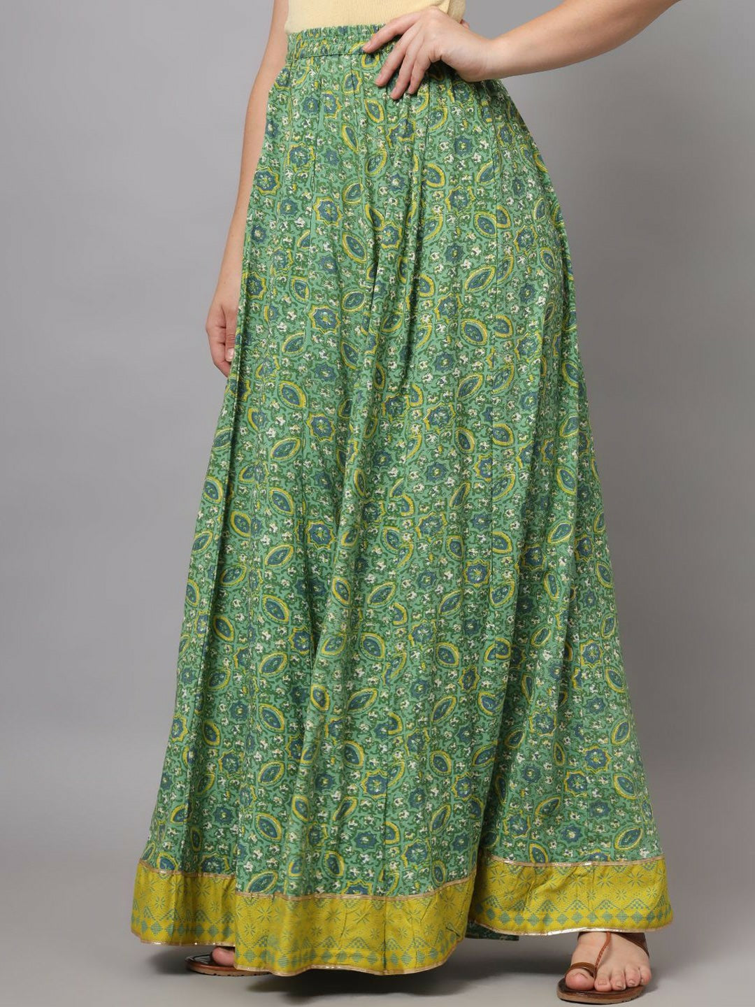 Boho Vintage Green Printed Flared Maxi Skirt for Women | Bohemian Style with Elasticated Waistband