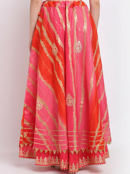 Pink & Red Bohemian Maxi Skirt for Women | Gota Patti Work Flared Skirt with Elastic Waistband