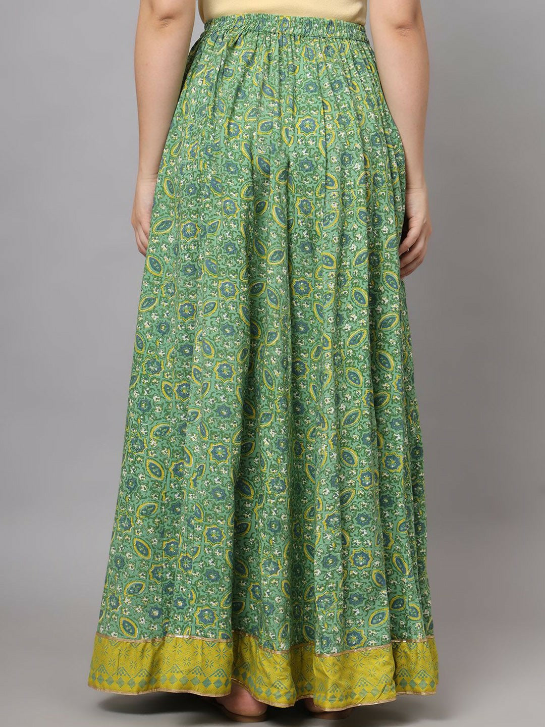 Boho Vintage Green Printed Flared Maxi Skirt for Women | Bohemian Style with Elasticated Waistband