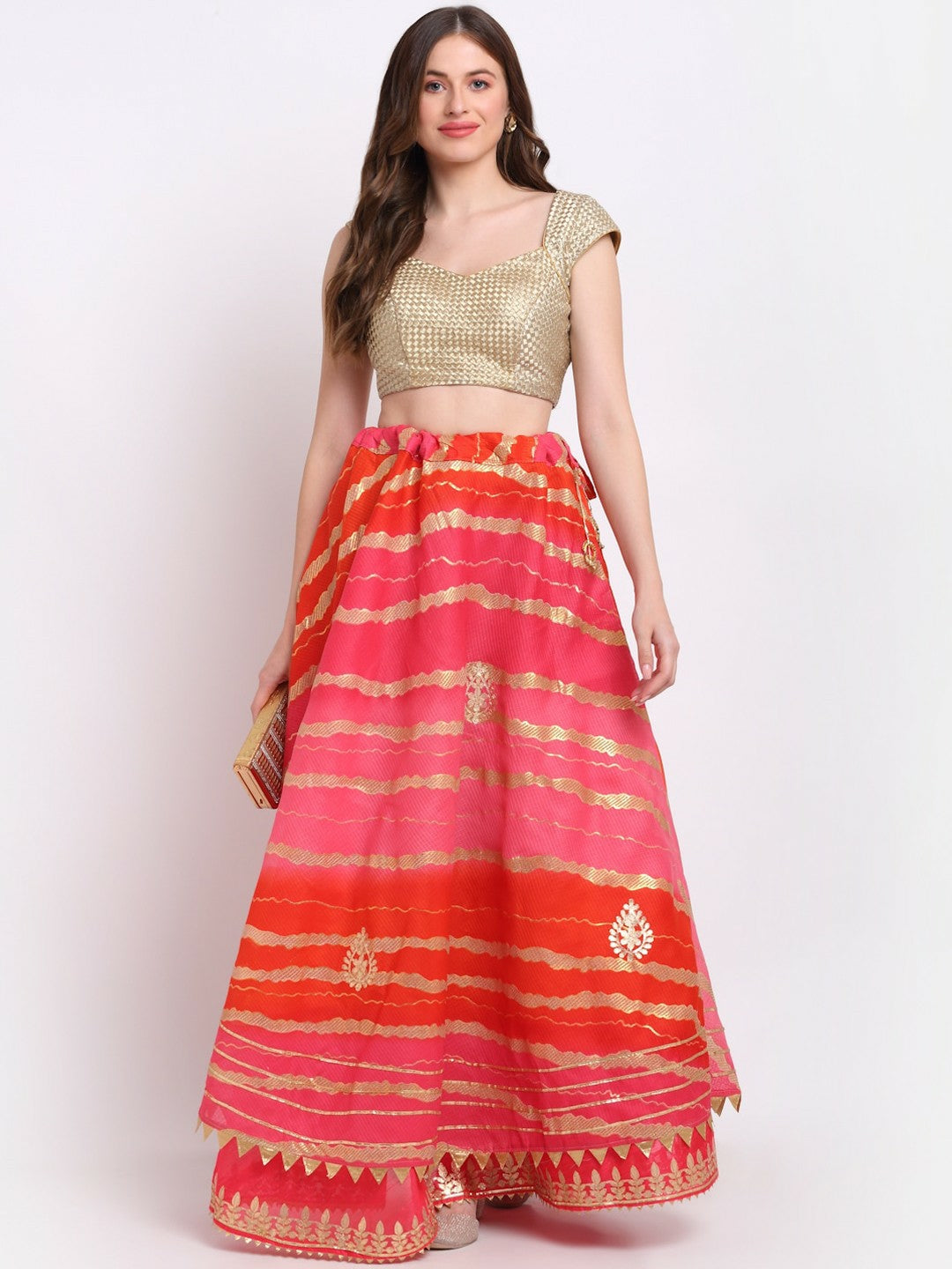 Pink & Red Bohemian Maxi Skirt for Women | Gota Patti Work Flared Skirt with Elastic Waistband