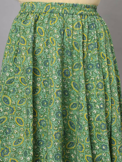 Boho Vintage Green Printed Flared Maxi Skirt for Women | Bohemian Style with Elasticated Waistband