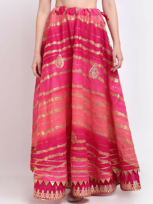 Vintage Bohemian Pink Printed Maxi Skirt for Women | Handcrafted Kota Doriya Gota Patti Work