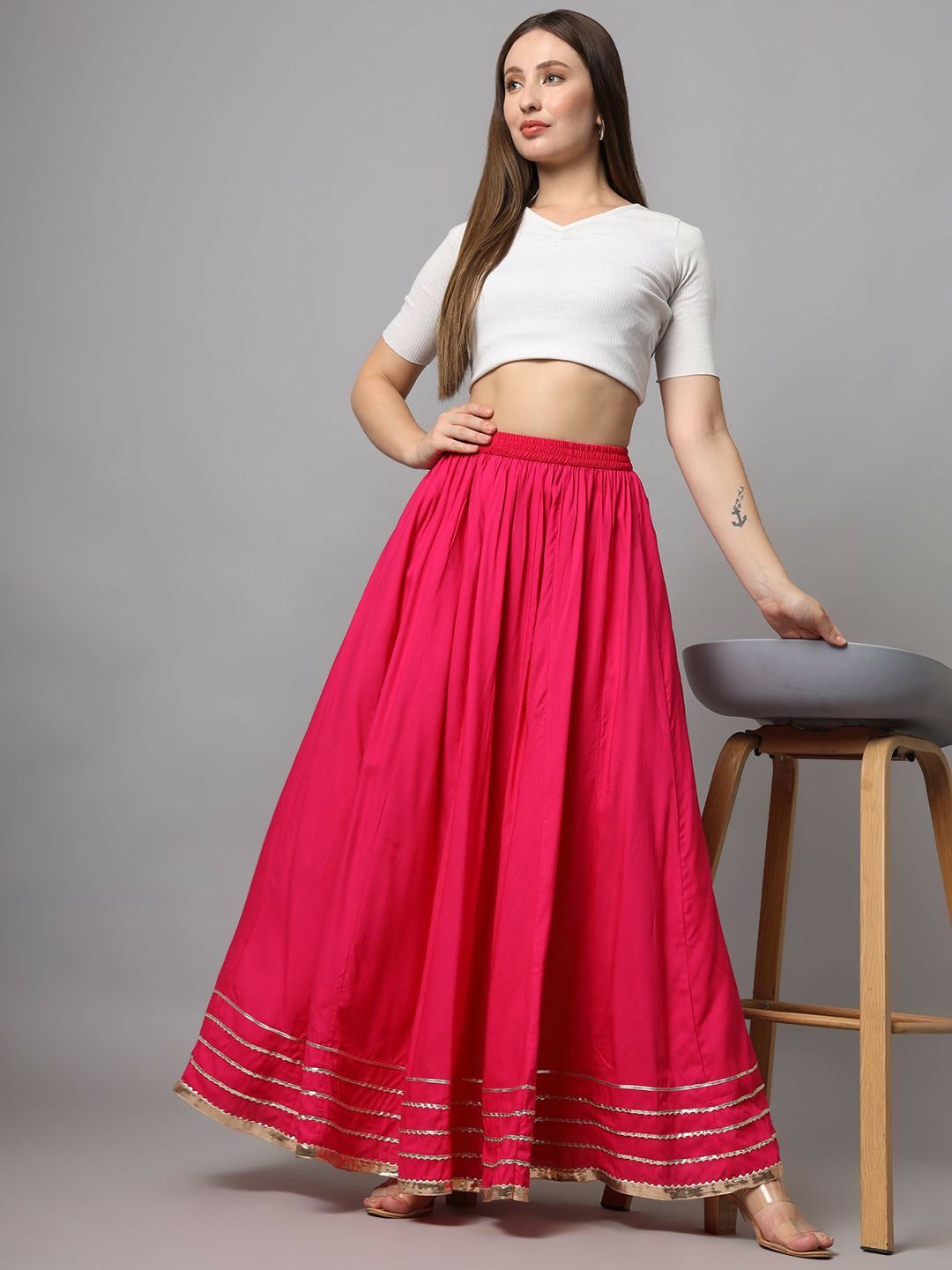 Vintage Bohemian Pink Flared Maxi Skirt for Women | Elastic Waistband | Boho Style