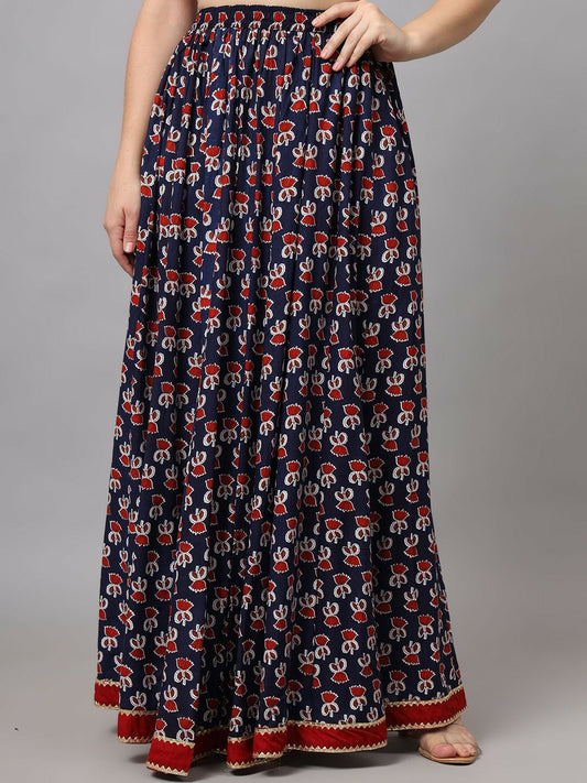 Vintage Bohemian Floral Printed Maxi Skirt for Women | Blue & Red Flared Boho Skirt