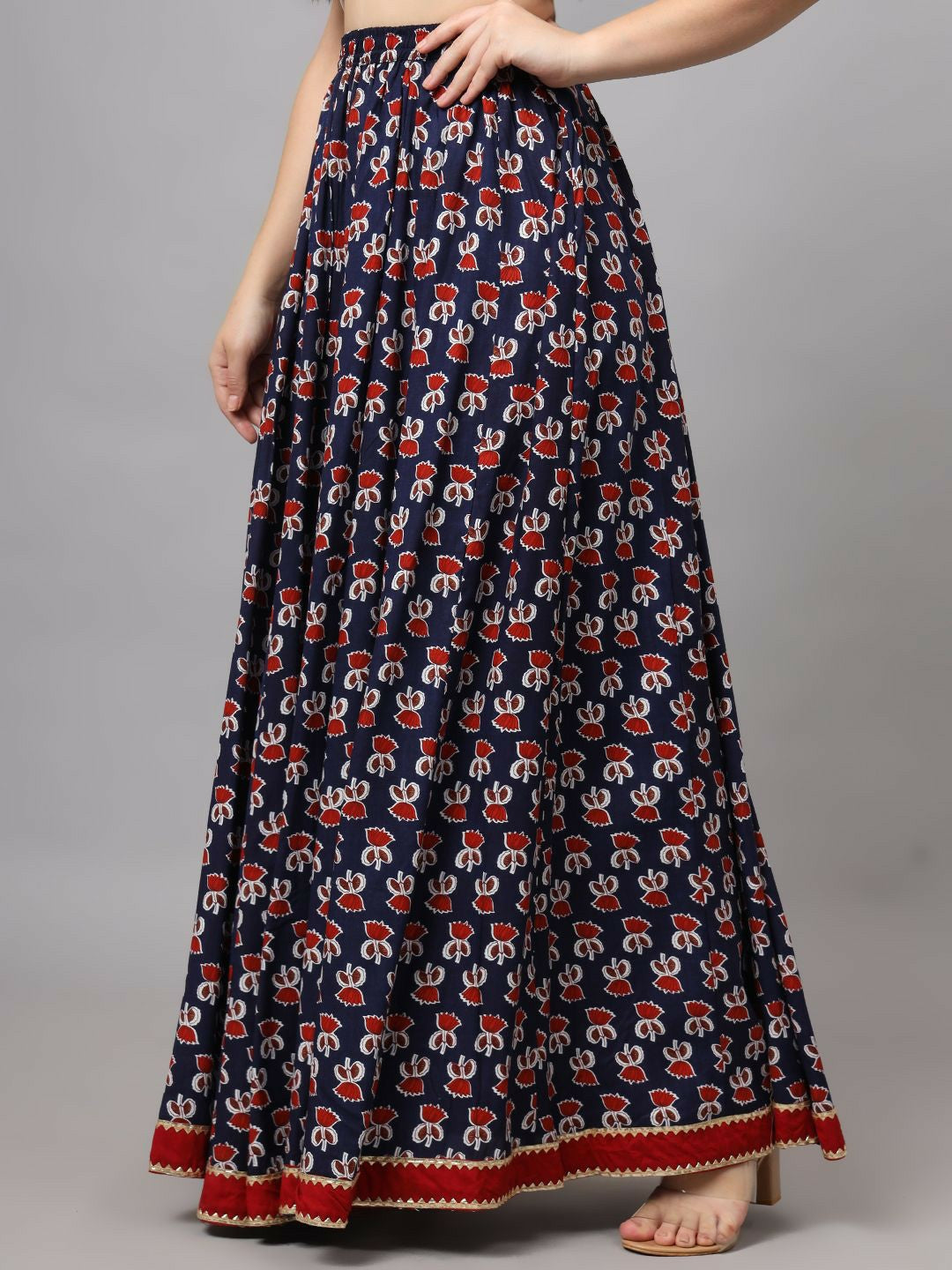 Vintage Bohemian Floral Printed Maxi Skirt for Women | Blue & Red Flared Boho Skirt