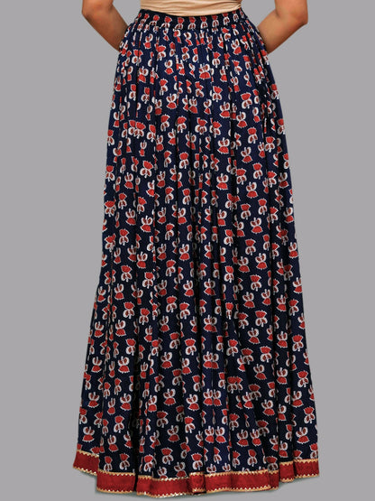 Vintage Bohemian Floral Printed Maxi Skirt for Women | Blue & Red Flared Boho Skirt