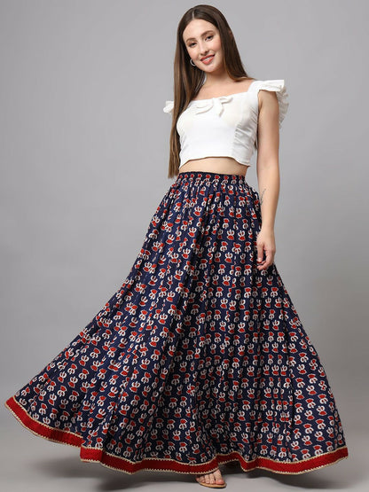 Vintage Bohemian Floral Printed Maxi Skirt for Women | Blue & Red Flared Boho Skirt