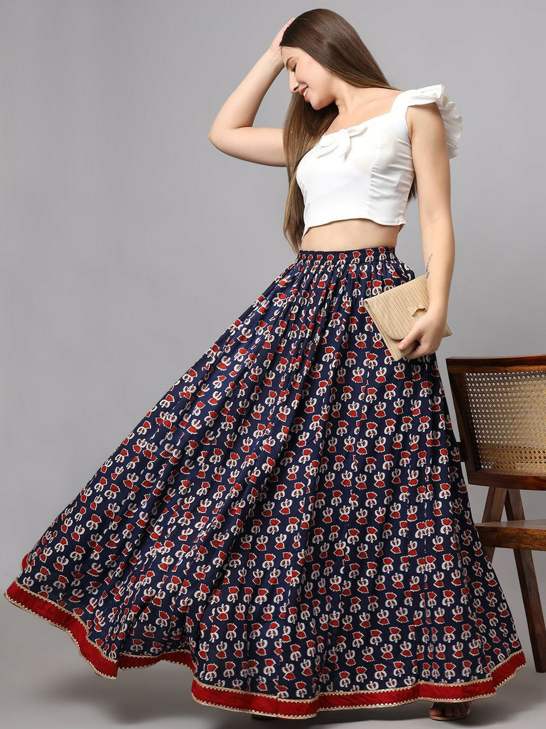 Vintage Bohemian Floral Printed Maxi Skirt for Women | Blue & Red Flared Boho Skirt