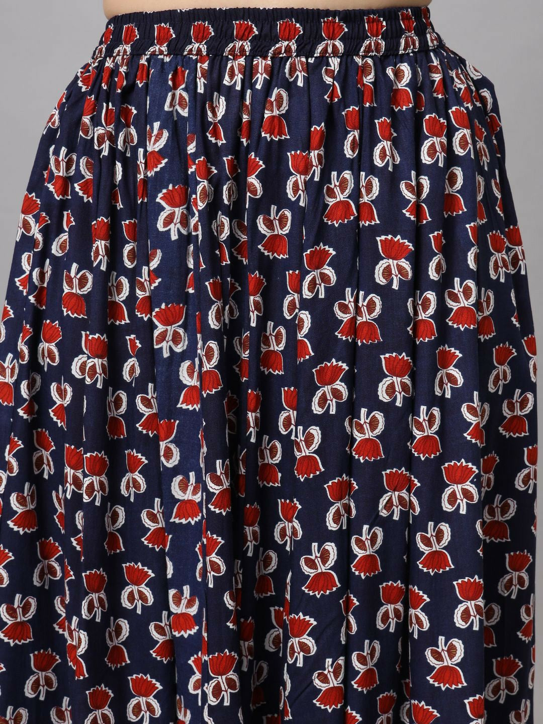 Vintage Bohemian Floral Printed Maxi Skirt for Women | Blue & Red Flared Boho Skirt