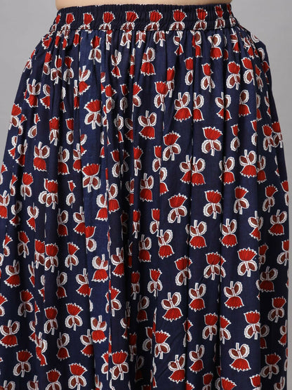 Vintage Bohemian Floral Printed Maxi Skirt for Women | Blue & Red Flared Boho Skirt