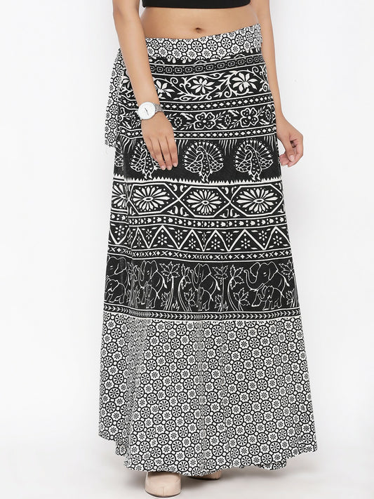 Black & White Ethnic Print Wrap-Around Maxi Skirt | Vintage Bohemian Boho Style for Women