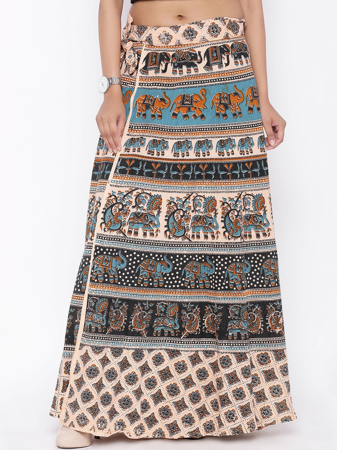 Beige & Black Printed Boho Wrap Around Maxi Skirt for Women | Vintage Bohemian Style