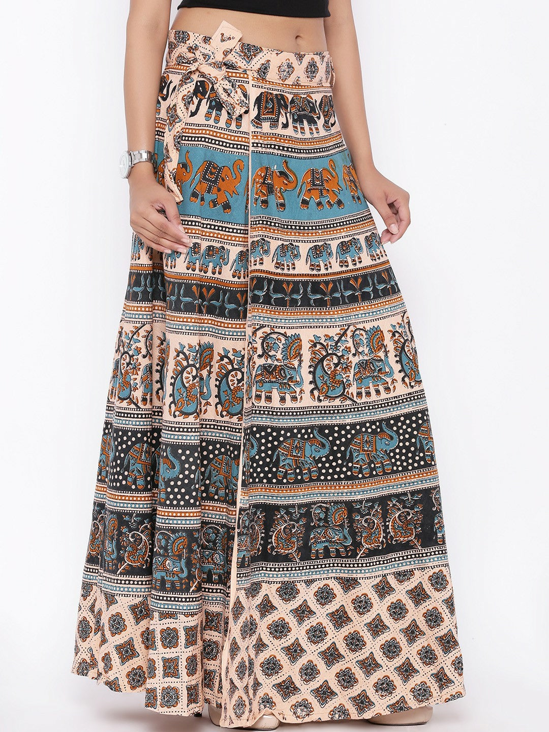 Beige & Black Printed Boho Wrap Around Maxi Skirt for Women | Vintage Bohemian Style