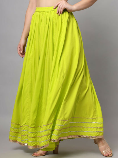 Vintage Bohemian Green Embellished Flared Maxi Skirt for Women | Boho Style with Elastic Waistband