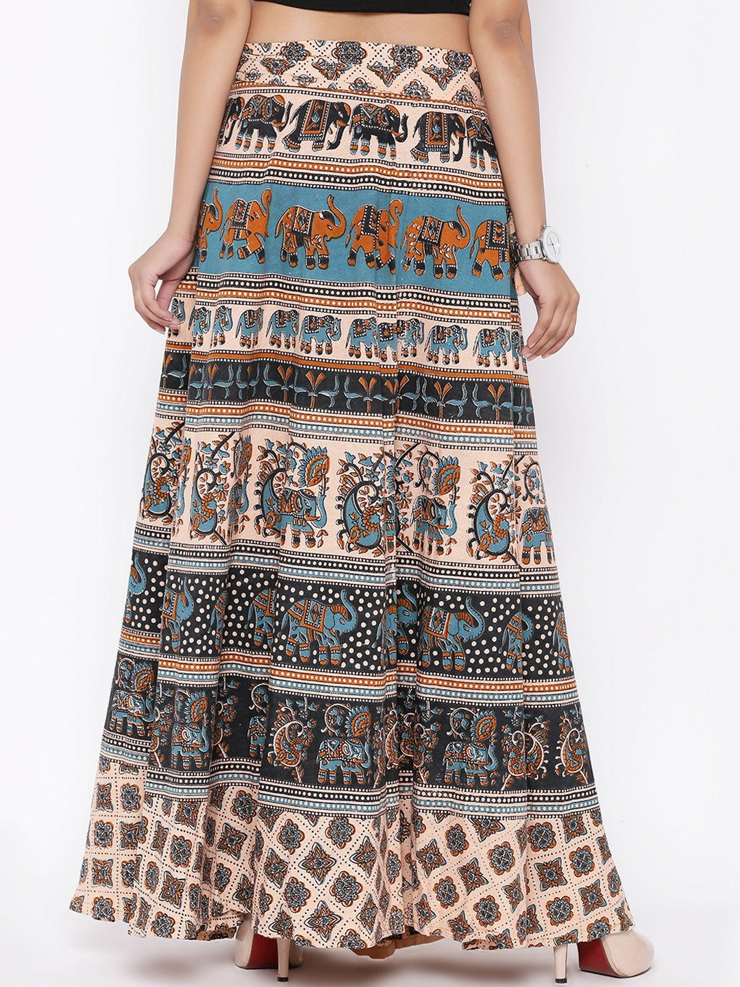 Beige & Black Printed Boho Wrap Around Maxi Skirt for Women | Vintage Bohemian Style