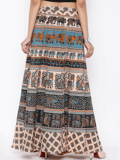 Beige & Black Printed Boho Wrap Around Maxi Skirt for Women | Vintage Bohemian Style