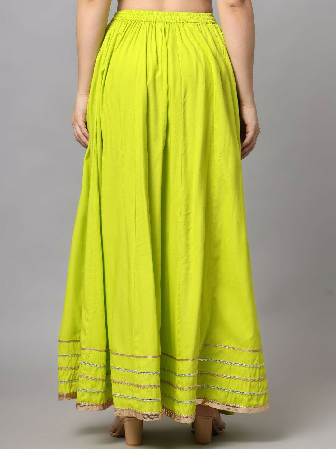 Vintage Bohemian Green Embellished Flared Maxi Skirt for Women | Boho Style with Elastic Waistband