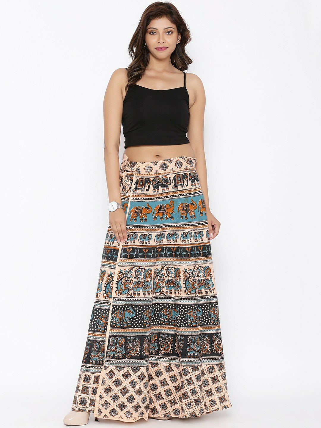 Beige & Black Printed Boho Wrap Around Maxi Skirt for Women | Vintage Bohemian Style